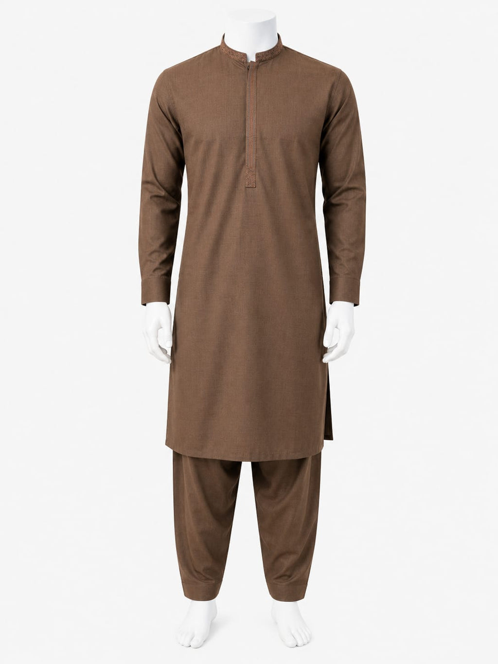 Rust Brown Embroidered Kurta Shalwar For Men