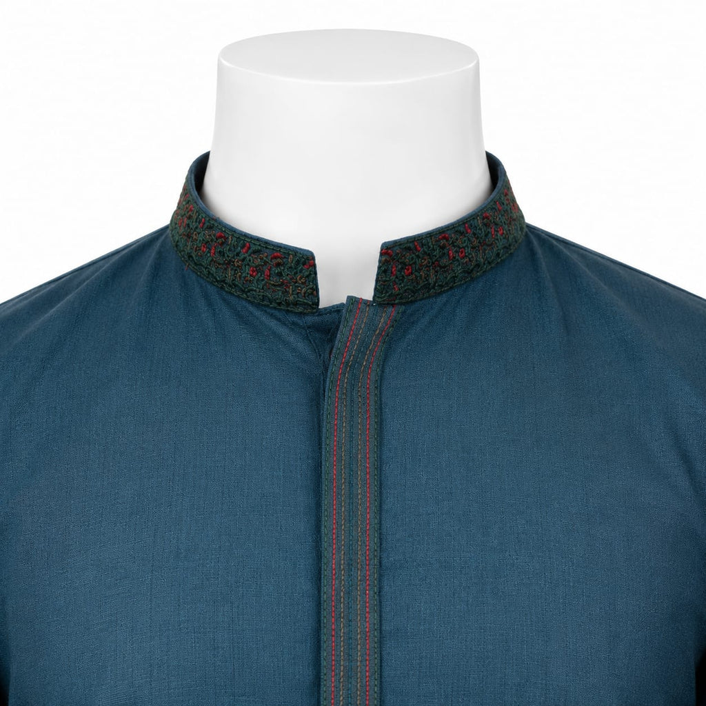 Dark Turquoise Embroidered Kurta Shalwar For Men