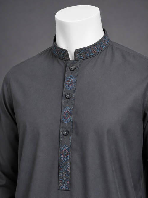 Charcoal Blue Embroidered Kurta Shalwar