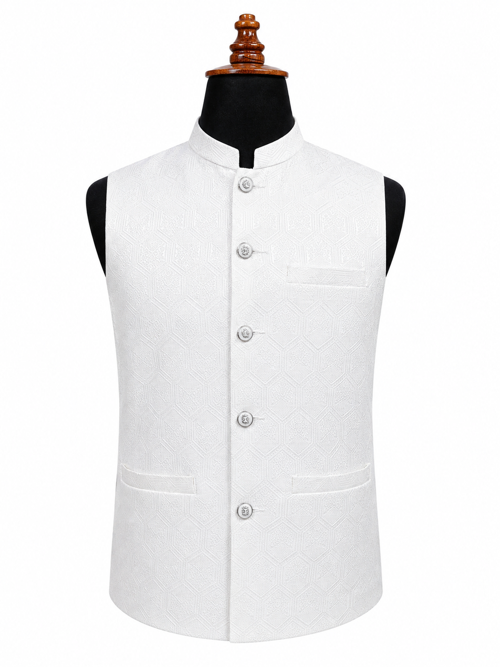 White Geometric Textured Waistcoat